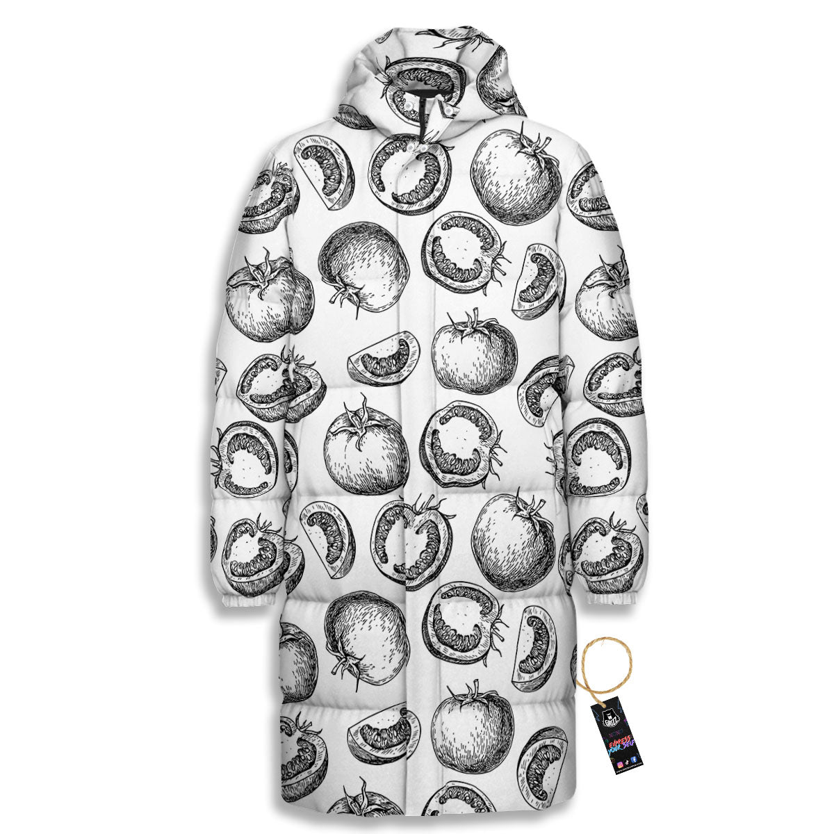 Tomato Hand Drawn Print Pattern Long Down Jacket-grizzshop