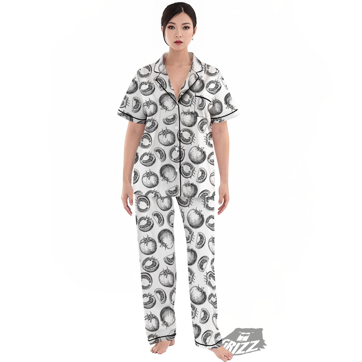 Tomato Hand Drawn Print Pattern Women's Pajamas Set-grizzshop