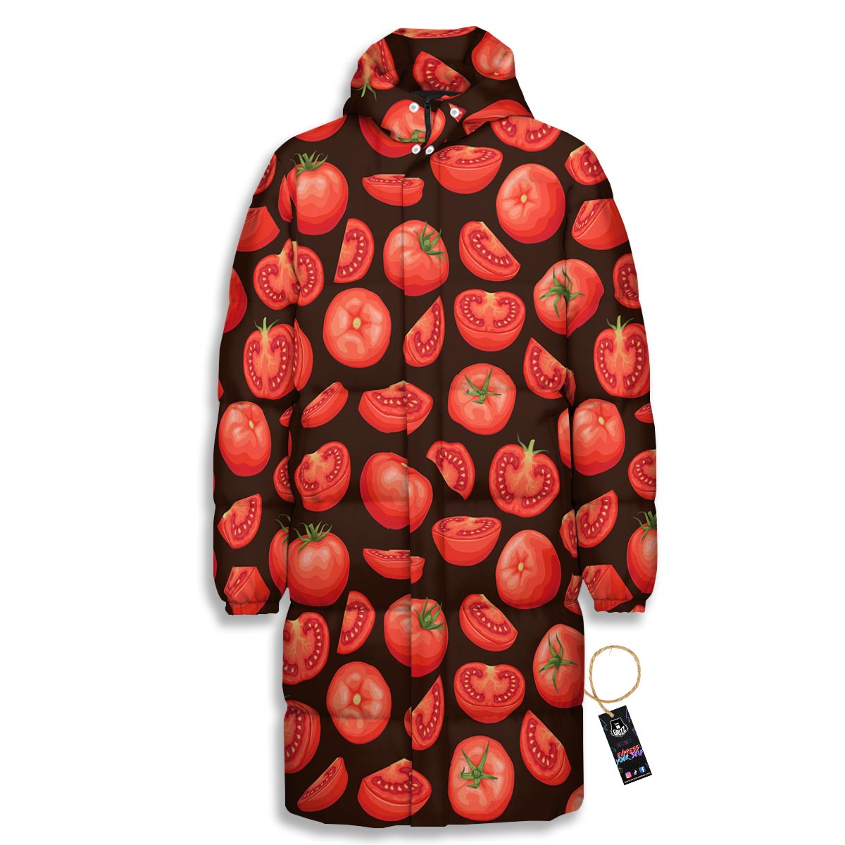 Tomatoes Red Print Pattern Long Down Jacket-grizzshop