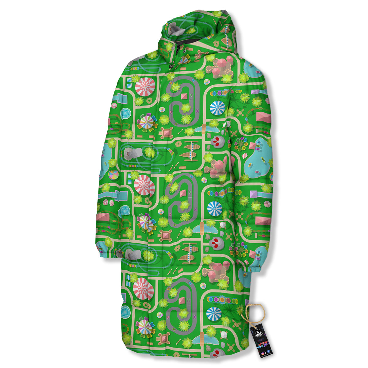 Top View Amusement Park Print Pattern Long Down Jacket-grizzshop