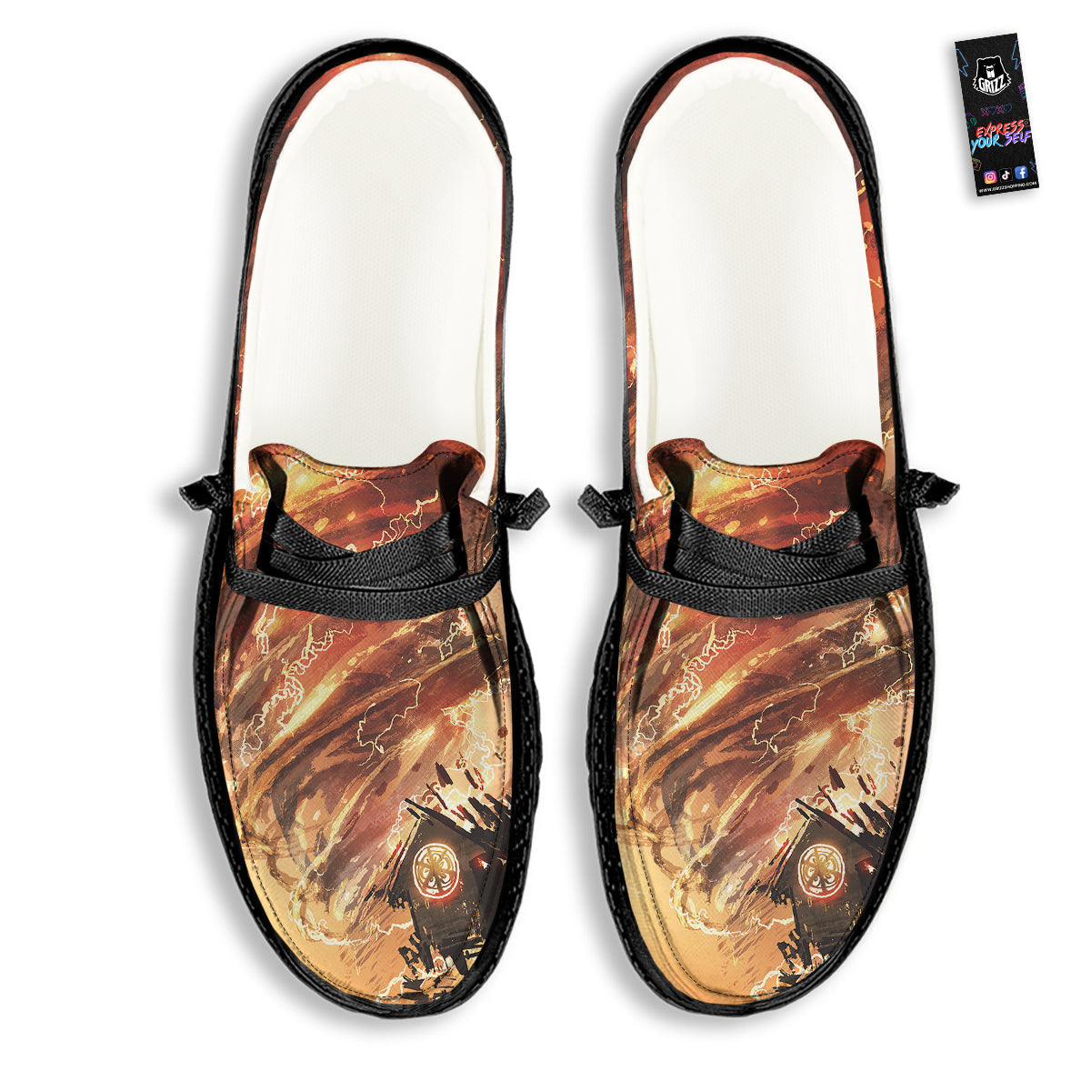 Tornado Destroy Watercolor Print Black Loafers-grizzshop
