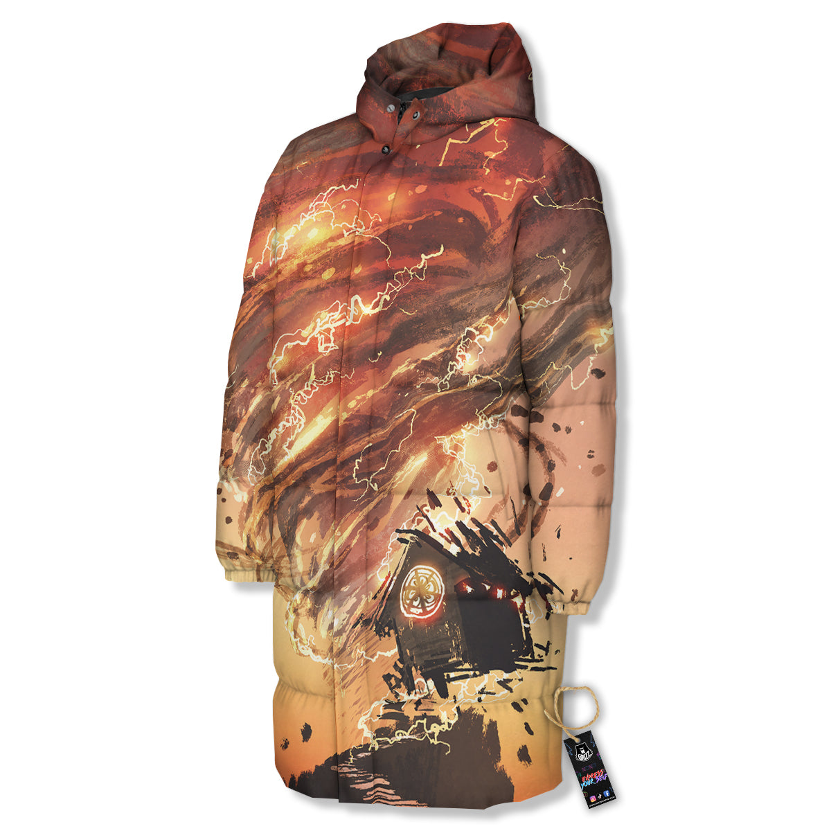 Tornado Destroy Watercolor Print Long Down Jacket-grizzshop