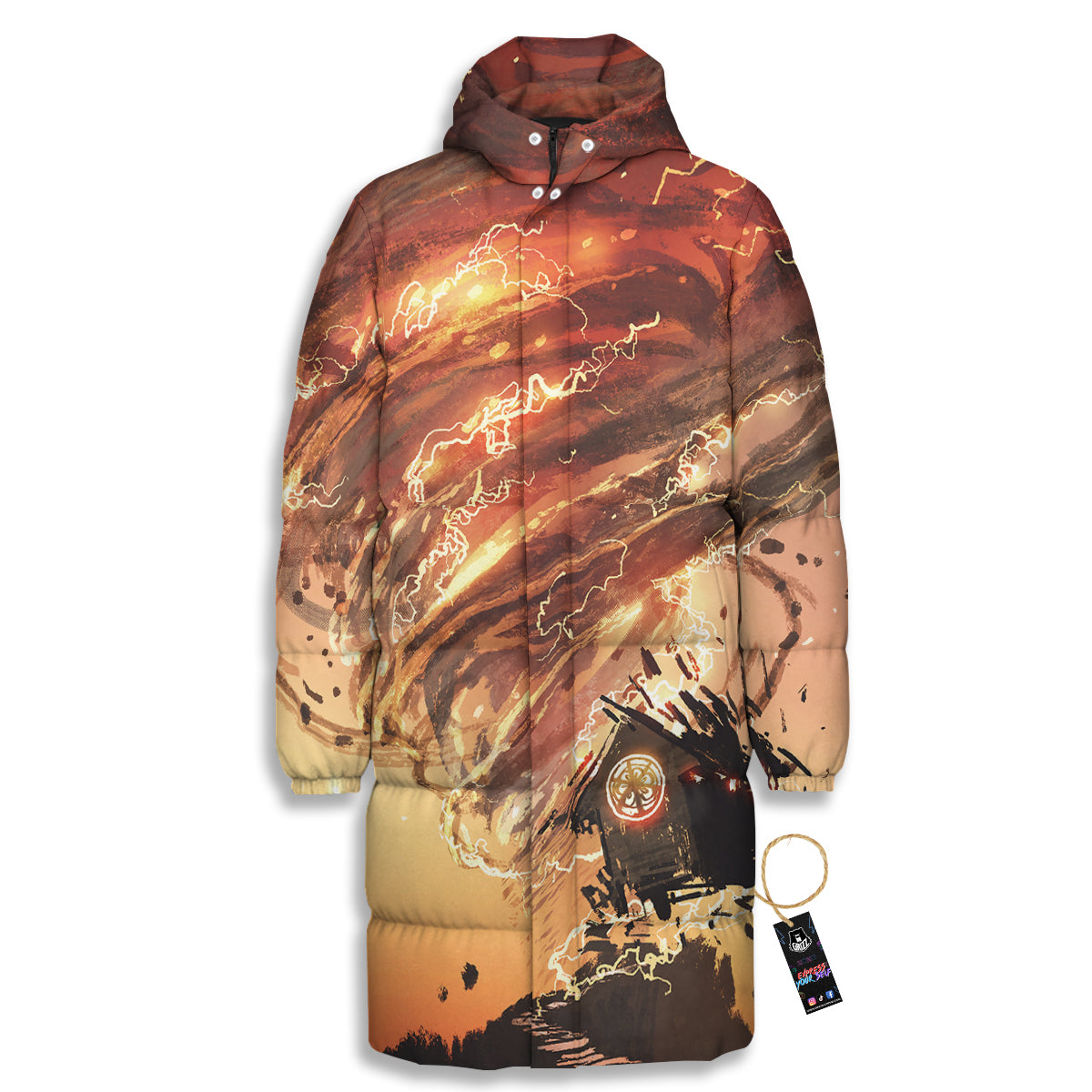 Tornado Destroy Watercolor Print Long Down Jacket-grizzshop