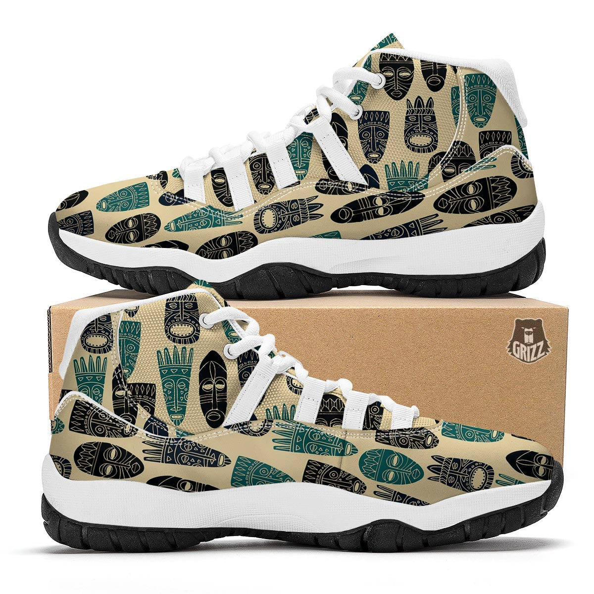 Totem Mask Print Pattern White Bball Shoes-grizzshop
