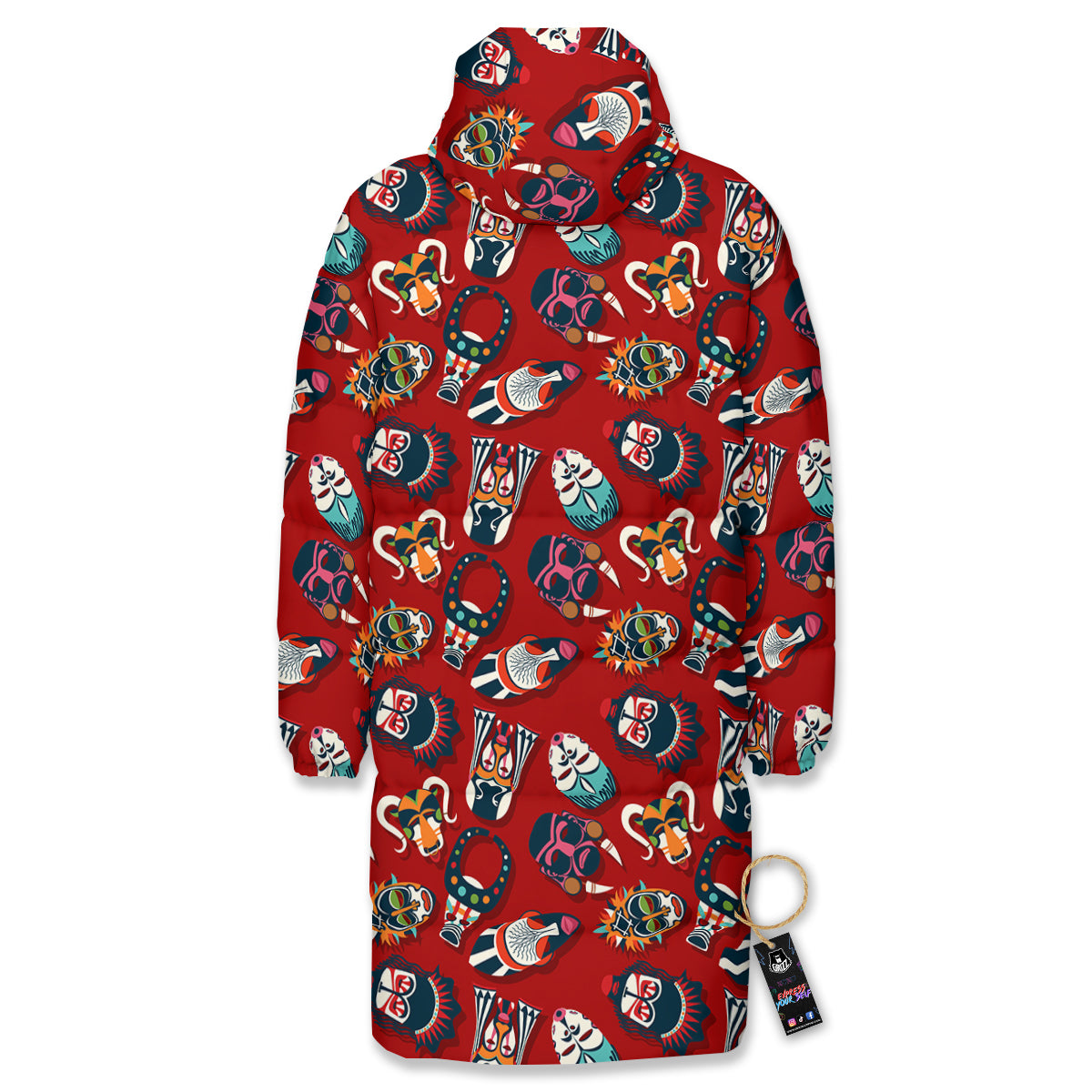 Totem Masks African Print Pattern Long Down Jacket-grizzshop