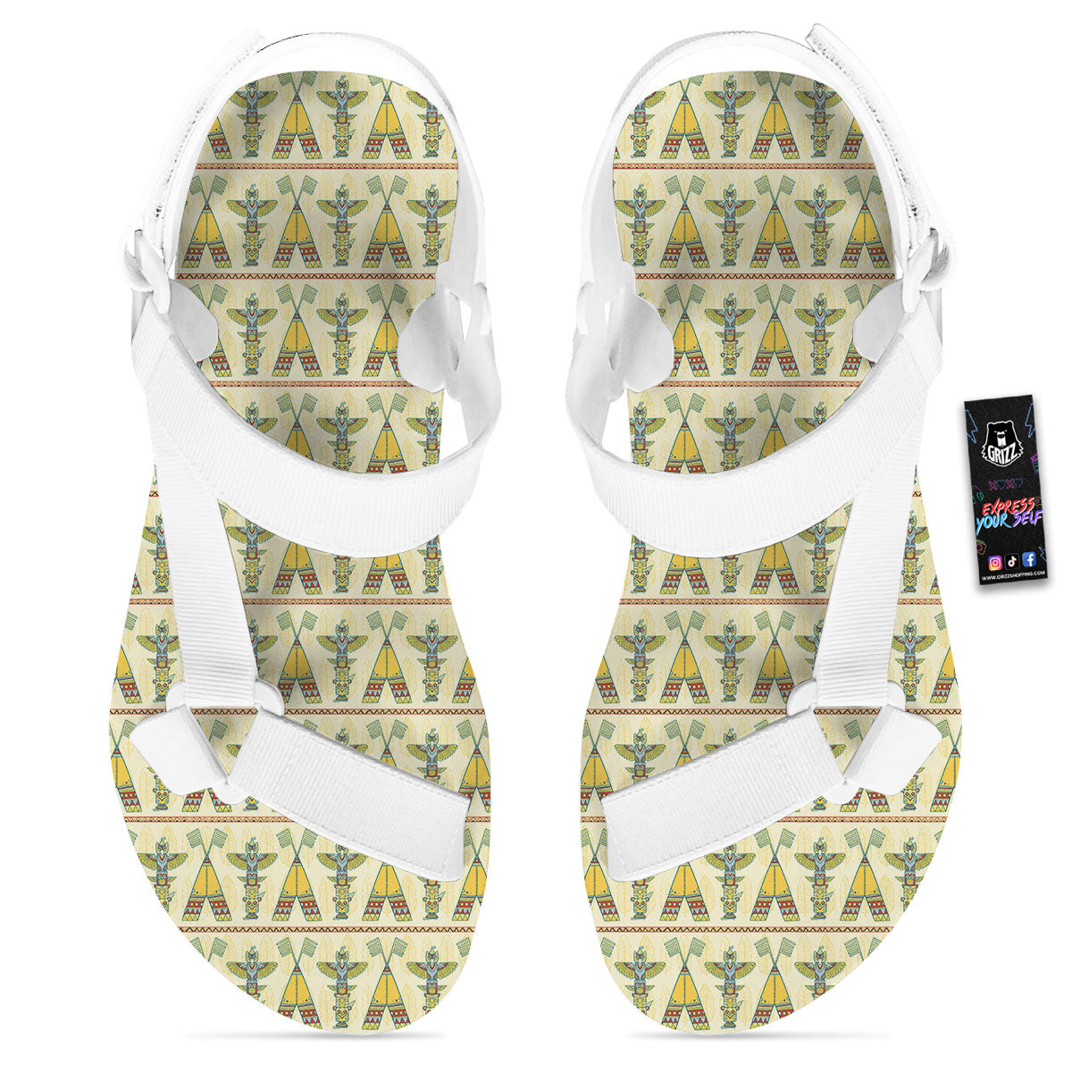 Totem Native Print Pattern White Open Toe Sandals-grizzshop