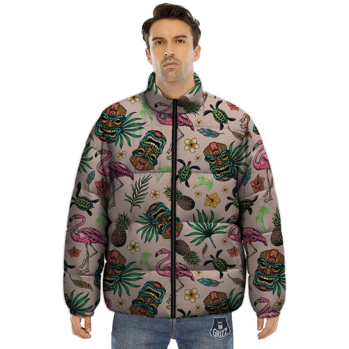 Totem Summer Print Pattern Puffer Jacket-grizzshop
