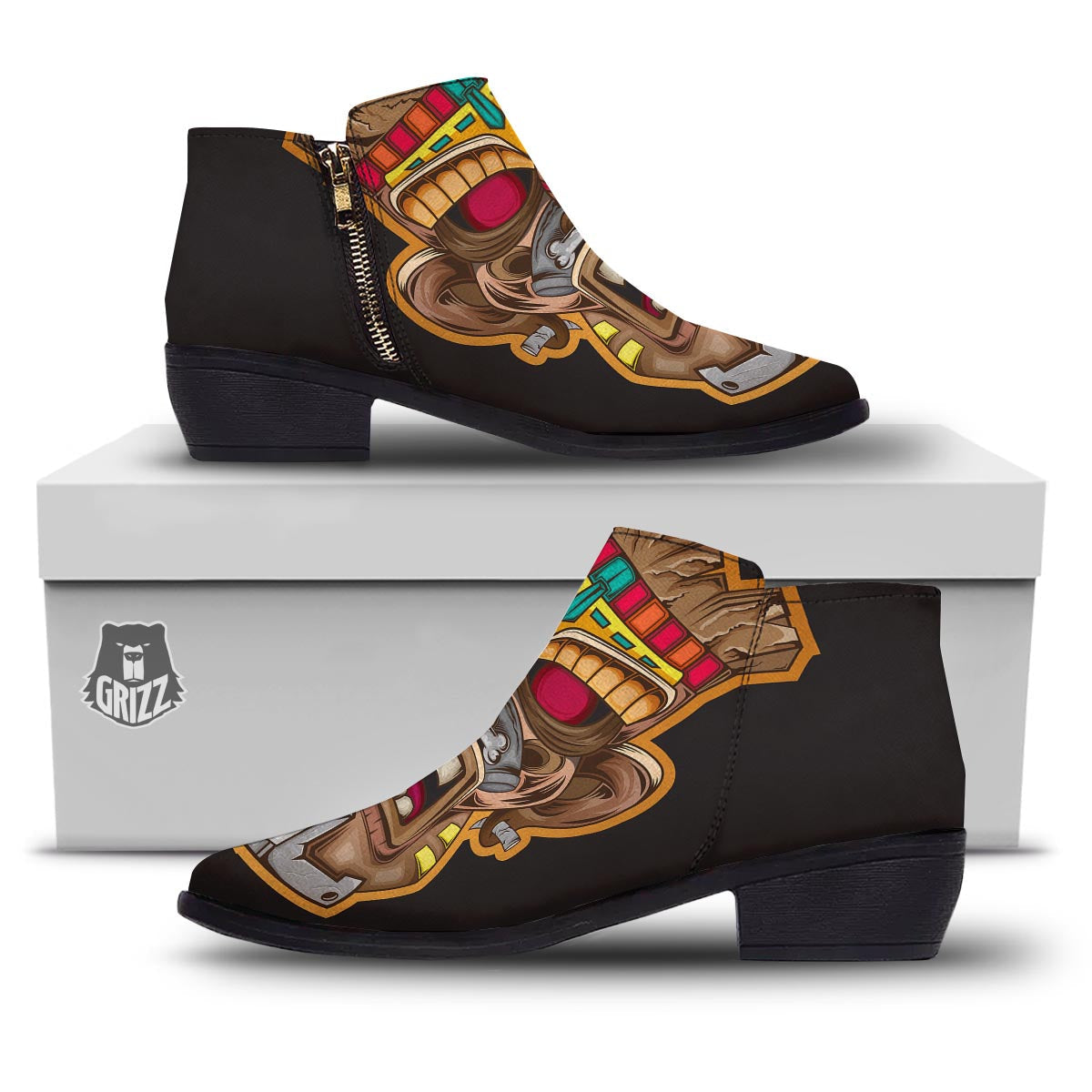 Totem Tiki Print Ankle Boots-grizzshop