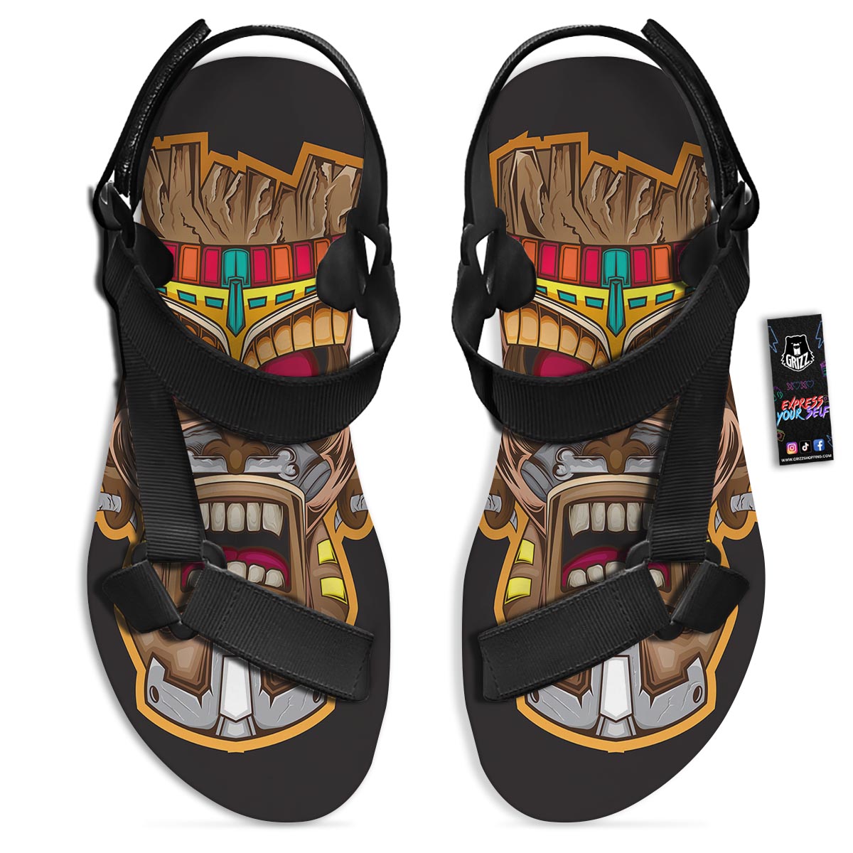 Totem Tiki Print Black Open Toe Sandals-grizzshop