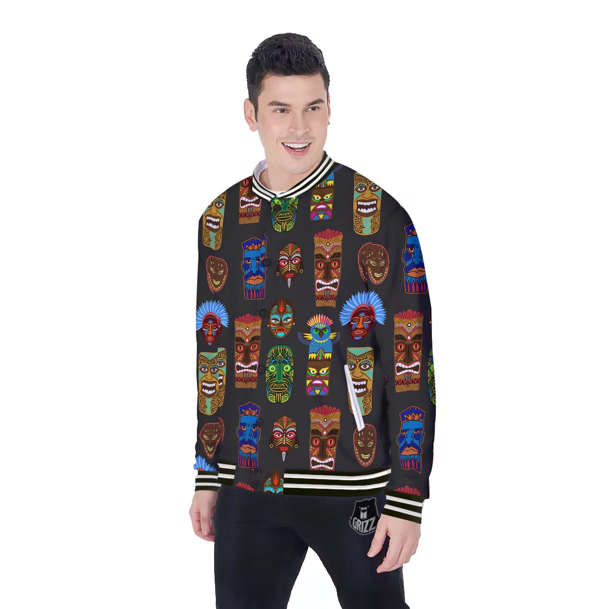 Totem Tiki Print Pattern Baseball Jacket-grizzshop