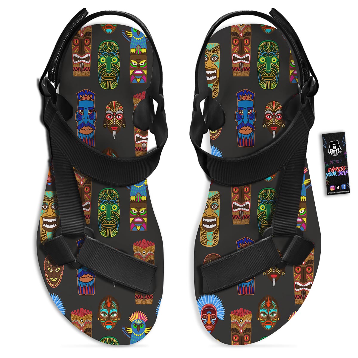 Totem Tiki Print Pattern Black Open Toe Sandals-grizzshop