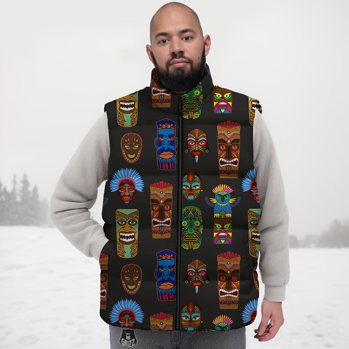 Totem Tiki Print Pattern Down Vest-grizzshop