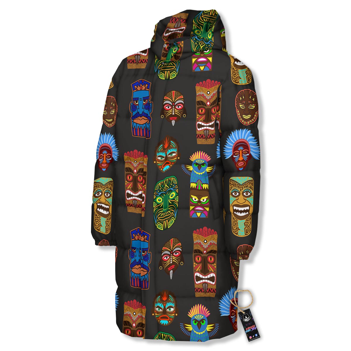 Totem Tiki Print Pattern Long Down Jacket-grizzshop
