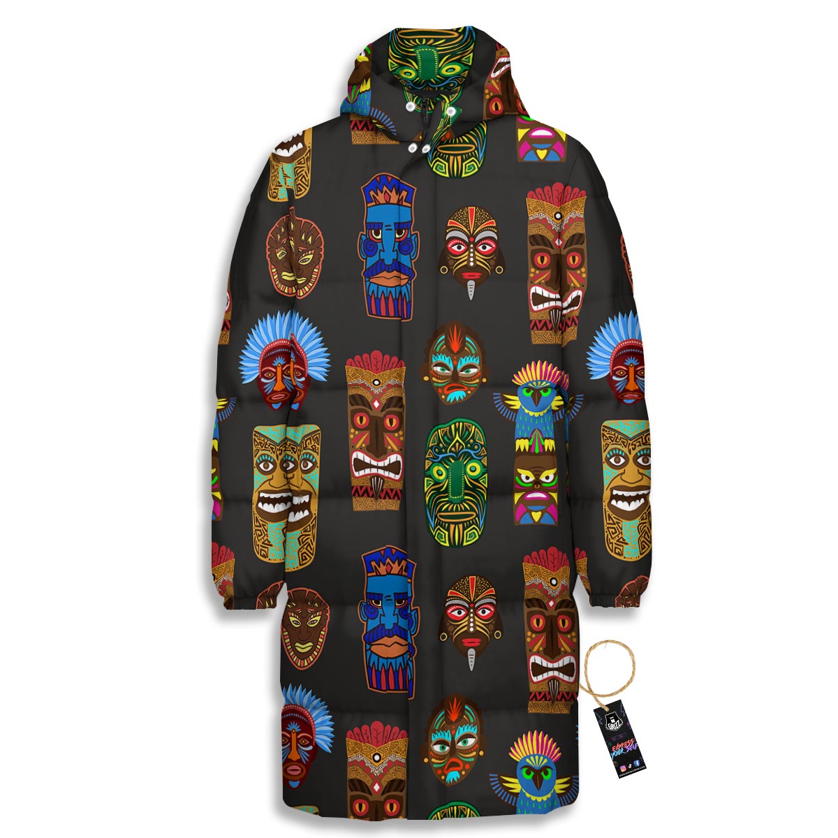 Totem Tiki Print Pattern Long Down Jacket-grizzshop