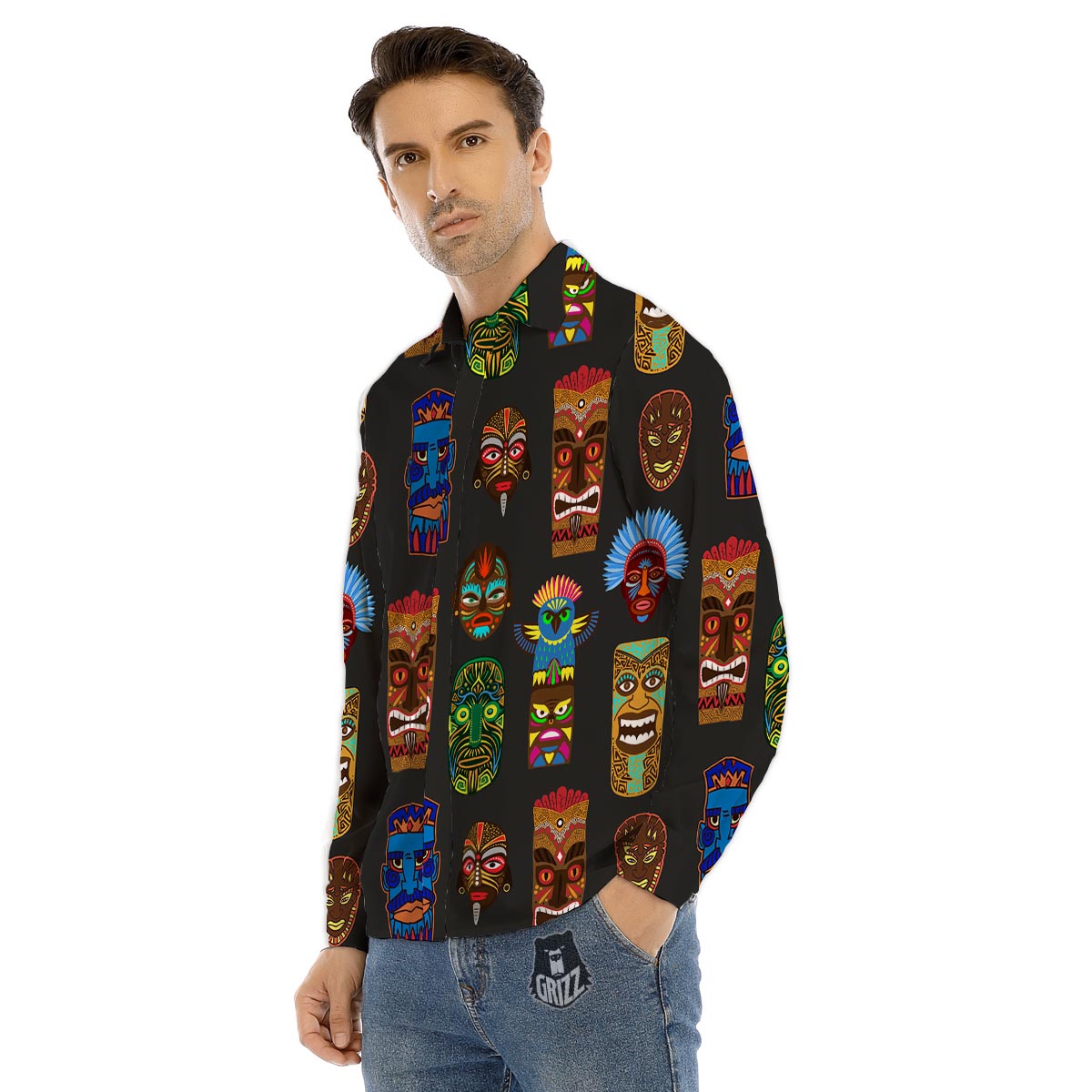 Totem Tiki Print Pattern Men's Dress Shirts-grizzshop
