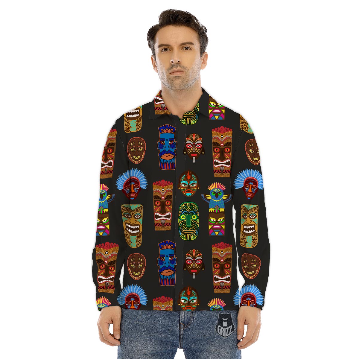 Totem Tiki Print Pattern Men's Dress Shirts-grizzshop