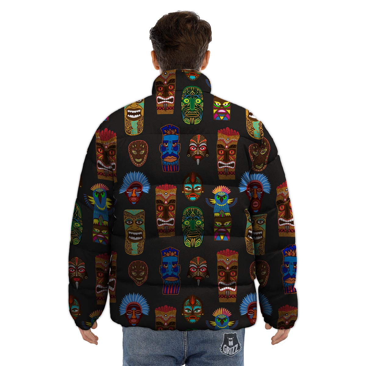 Totem Tiki Print Pattern Puffer Jacket-grizzshop