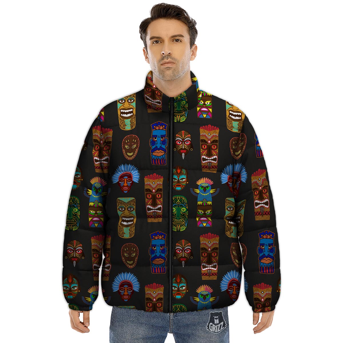 Totem Tiki Print Pattern Puffer Jacket-grizzshop