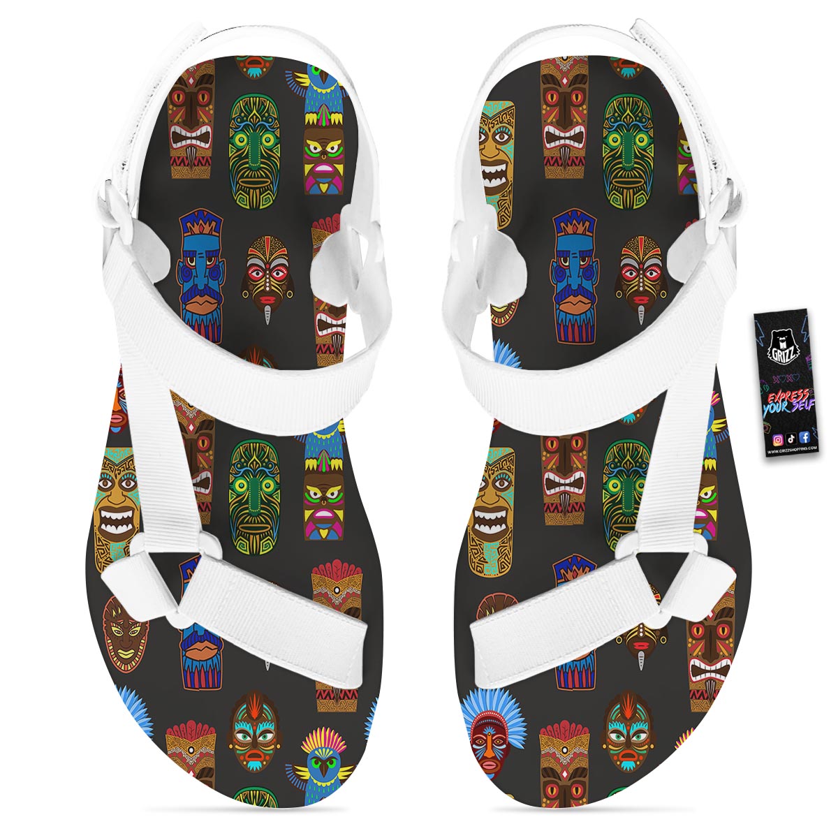 Totem Tiki Print Pattern White Open Toe Sandals-grizzshop
