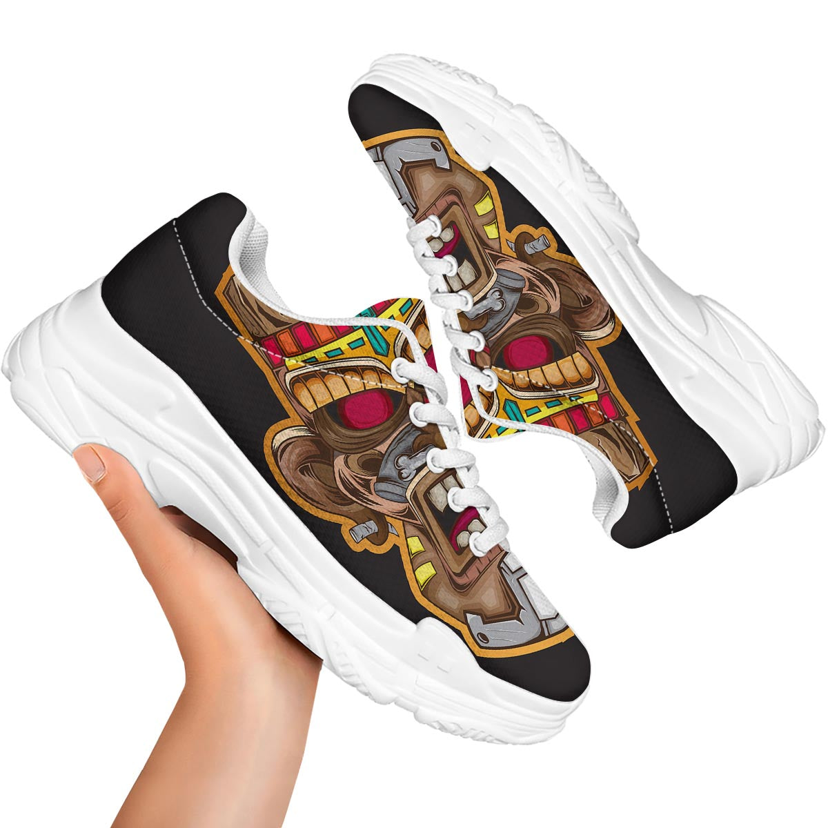 Totem Tiki Print White Chunky Shoes-grizzshop