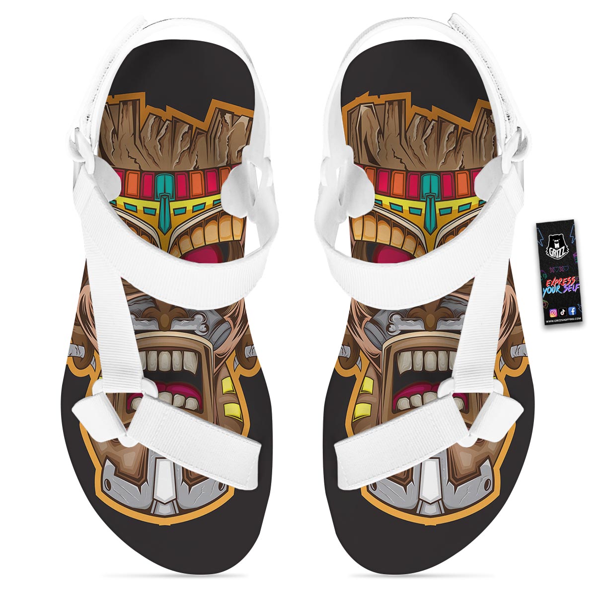 Totem Tiki Print White Open Toe Sandals-grizzshop