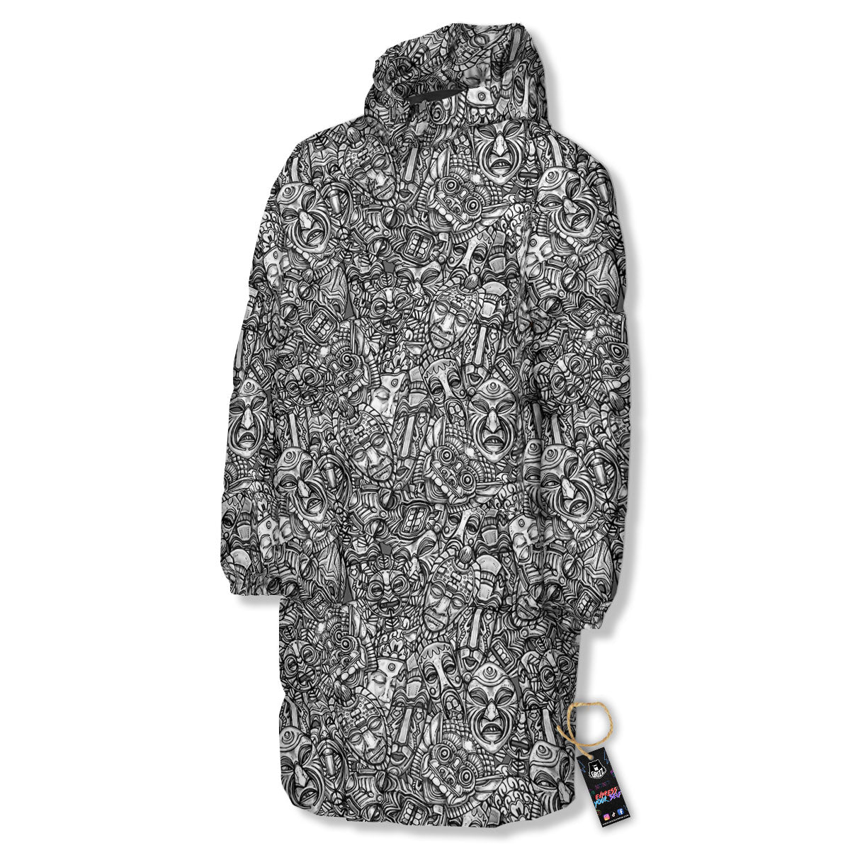 Totem White And Grey Print Pattern Long Down Jacket-grizzshop