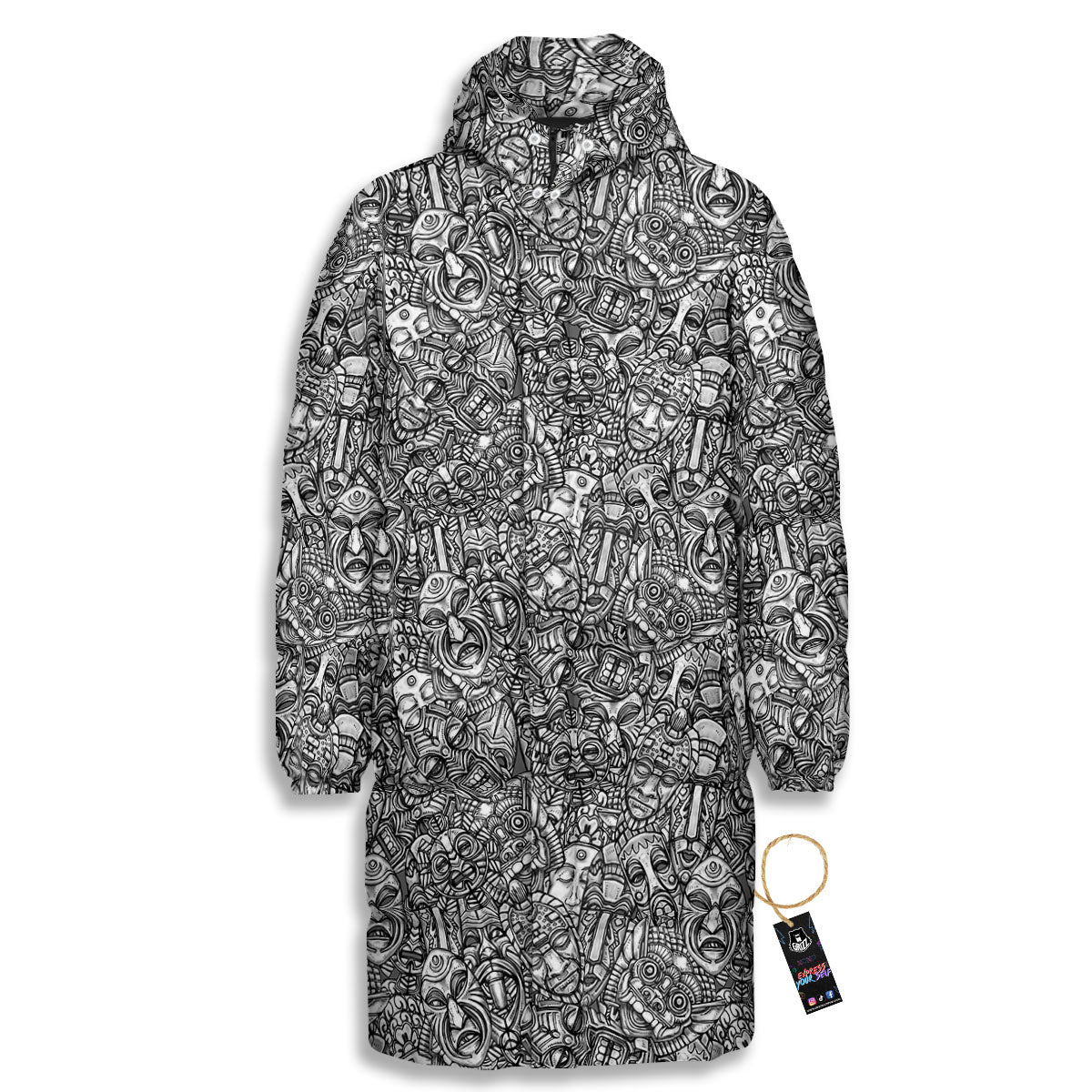 Totem White And Grey Print Pattern Long Down Jacket-grizzshop
