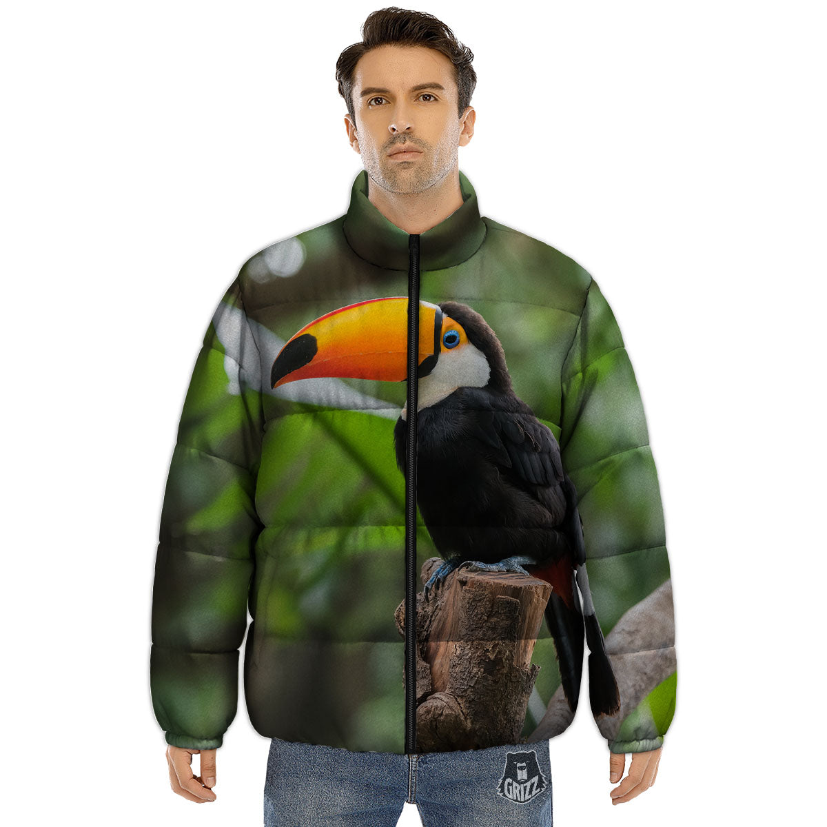 Toucan Aloha Keel-Billed Print Puffer Jacket-grizzshop