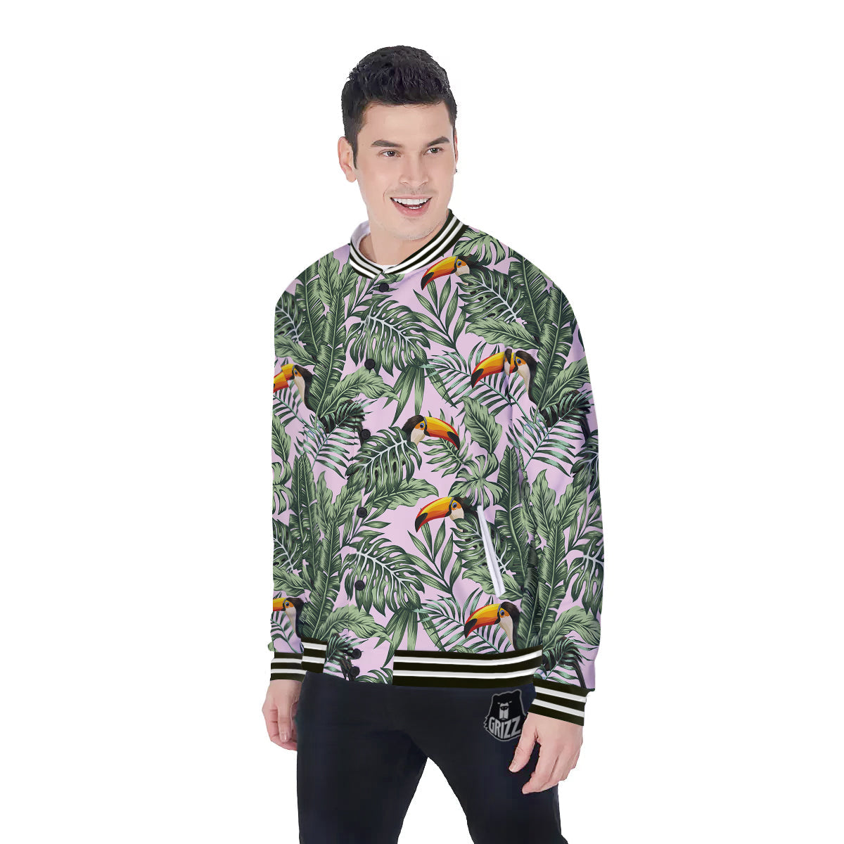 Toucan And Tropical Palm Leaf Print Baseball Jacket-grizzshop