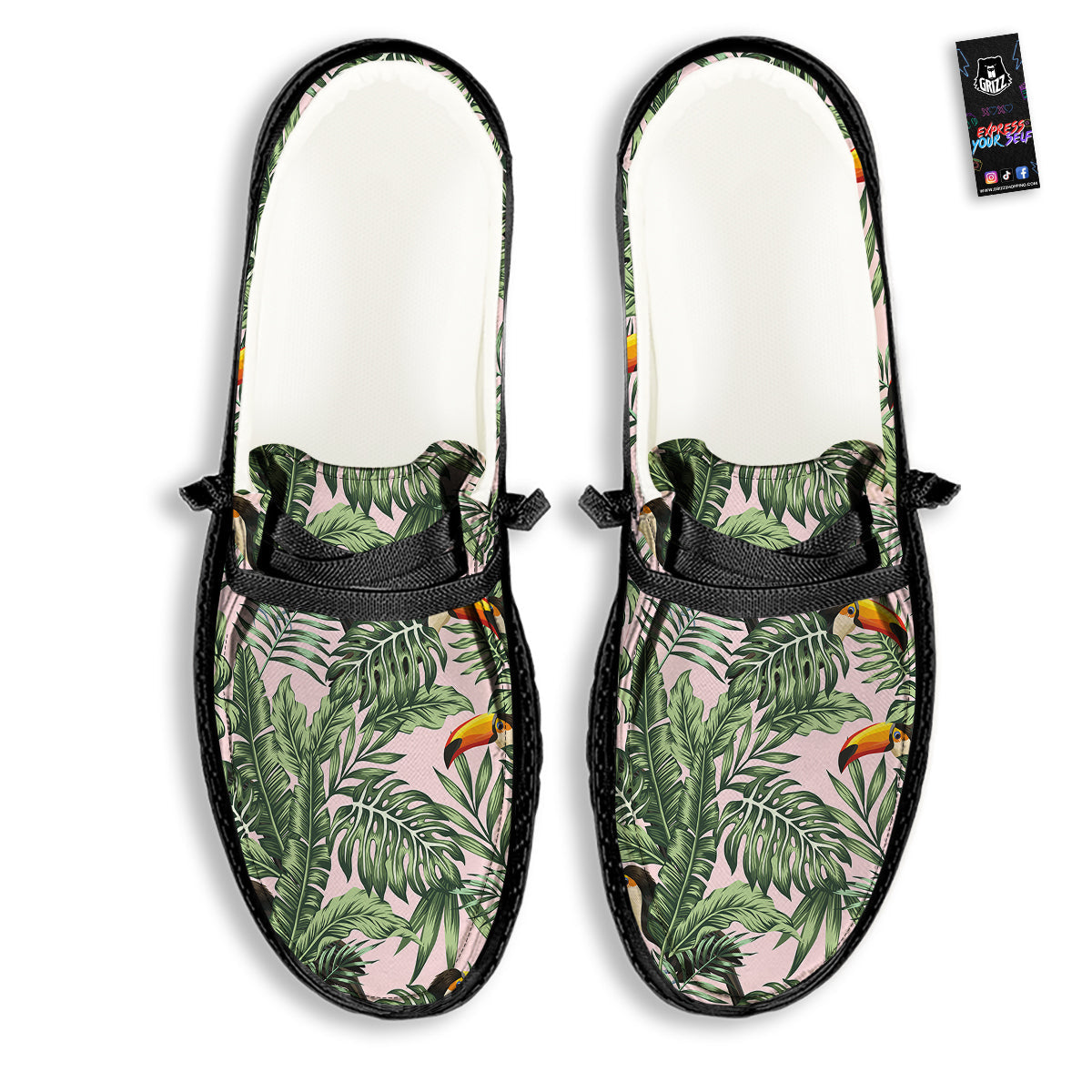 Toucan And Tropical Palm Leaf Print Black Loafers-grizzshop