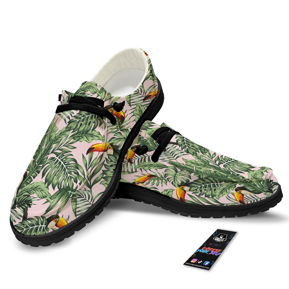 Toucan And Tropical Palm Leaf Print Black Loafers-grizzshop