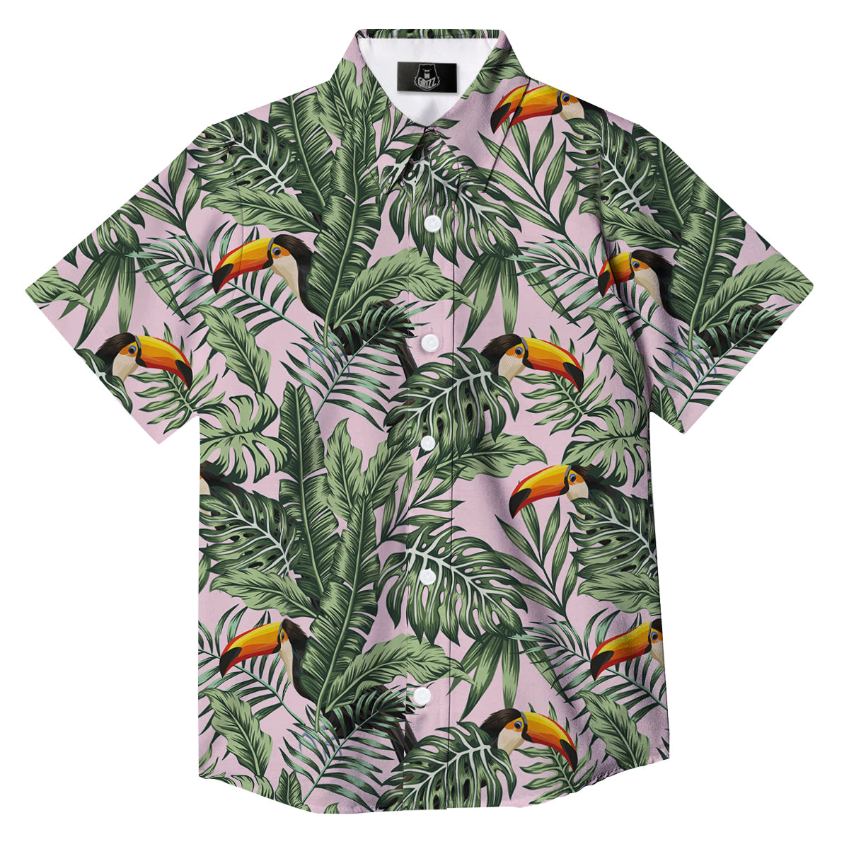 Toucan And Tropical Palm Leaf Print Button Up Shirt-grizzshop