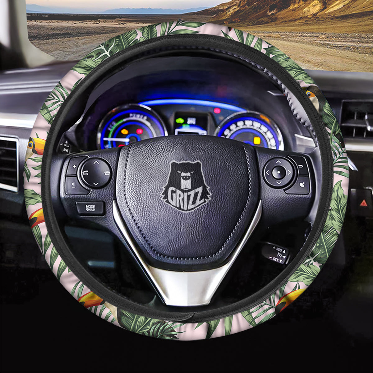 Toucan And Tropical Palm Leaf Print Car Steering Wheel Cover-grizzshop