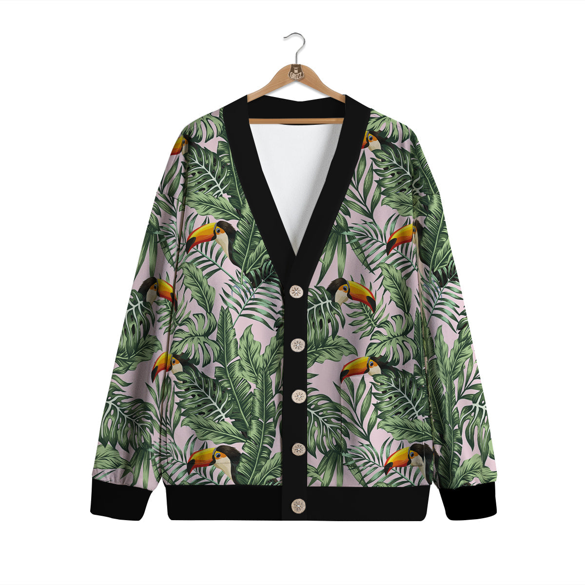 Toucan And Tropical Palm Leaf Print Cardigan-grizzshop