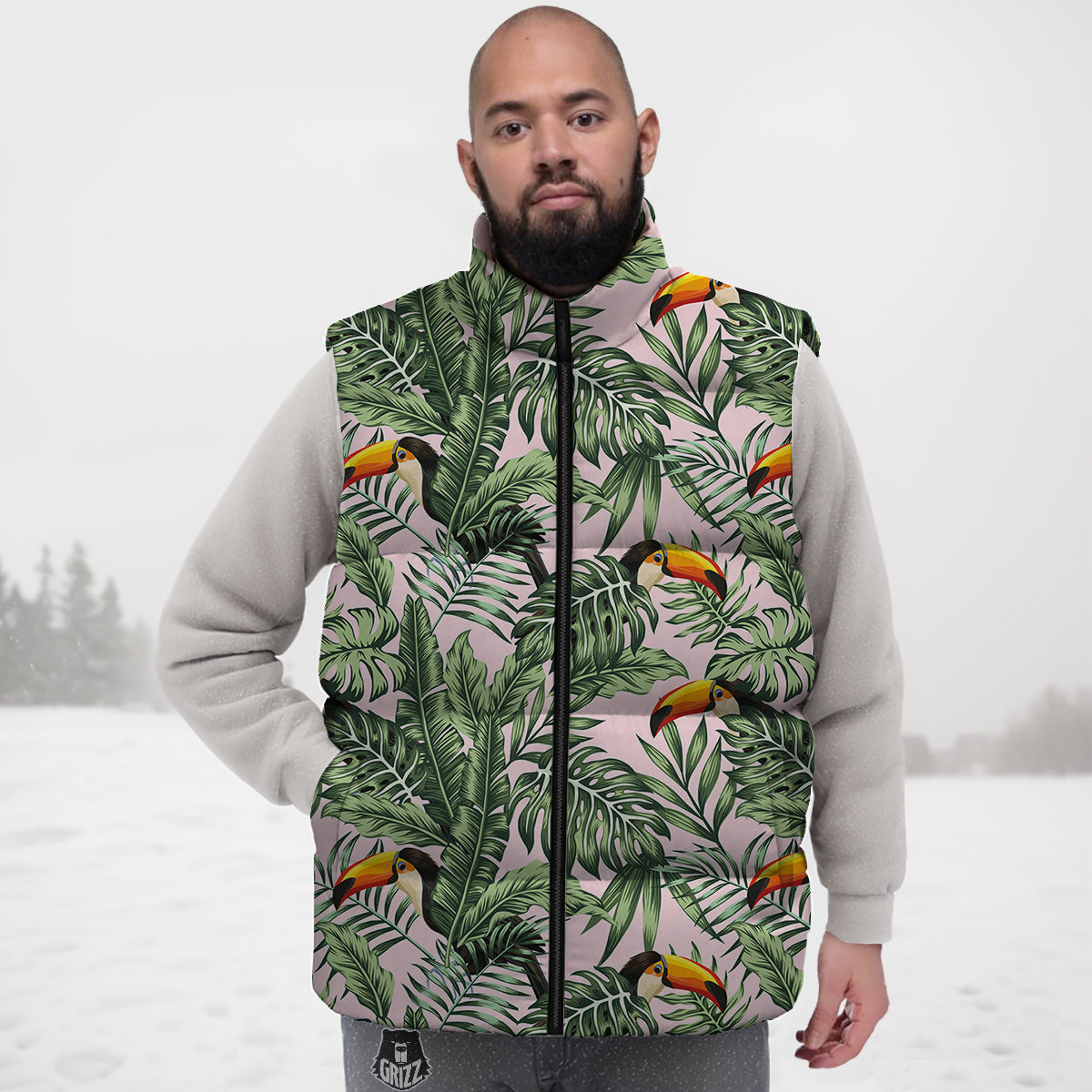 Toucan And Tropical Palm Leaf Print Down Vest