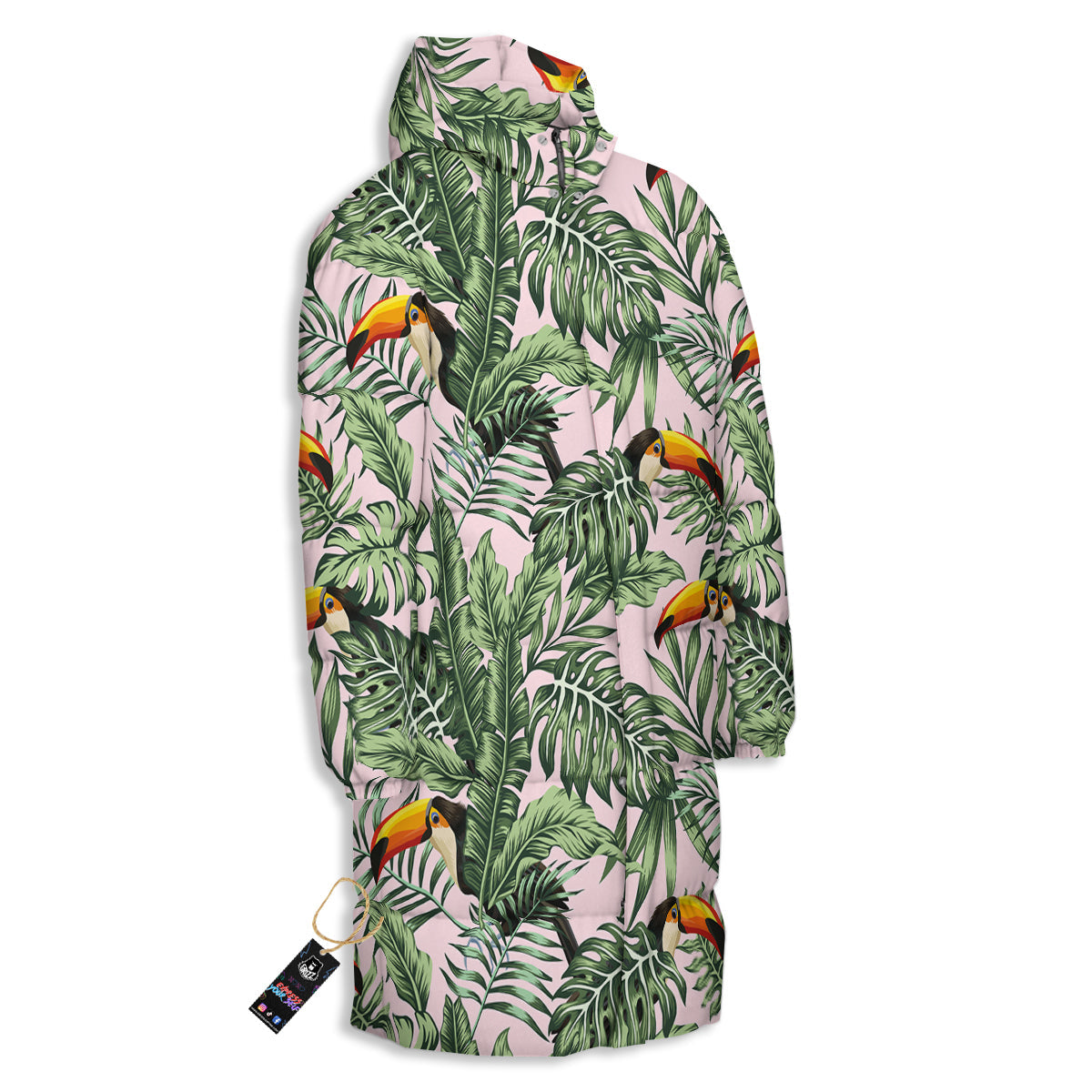 Toucan And Tropical Palm Leaf Print Long Down Jacket-grizzshop