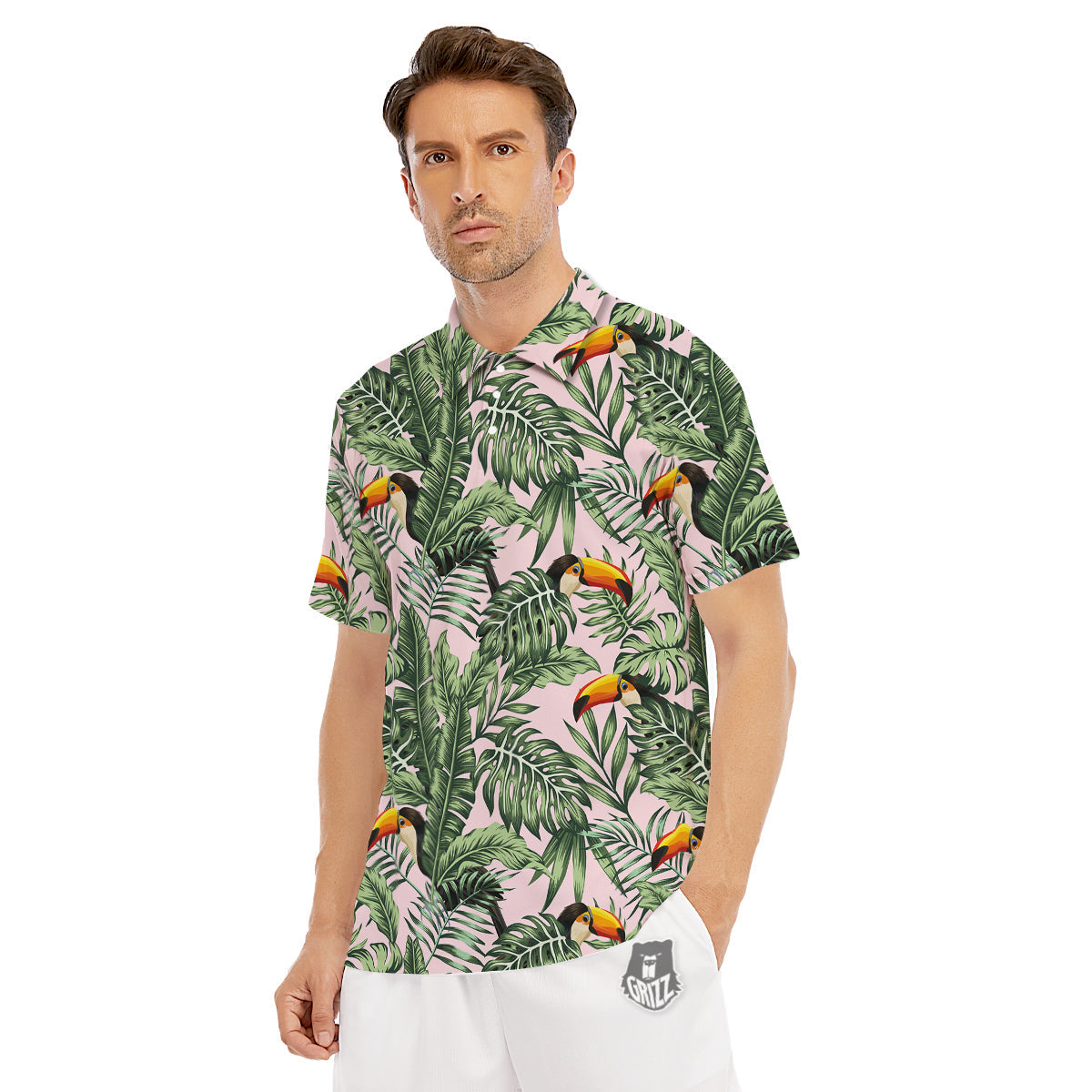 Toucan And Tropical Palm Leaf Print Men's Golf Shirts-grizzshop