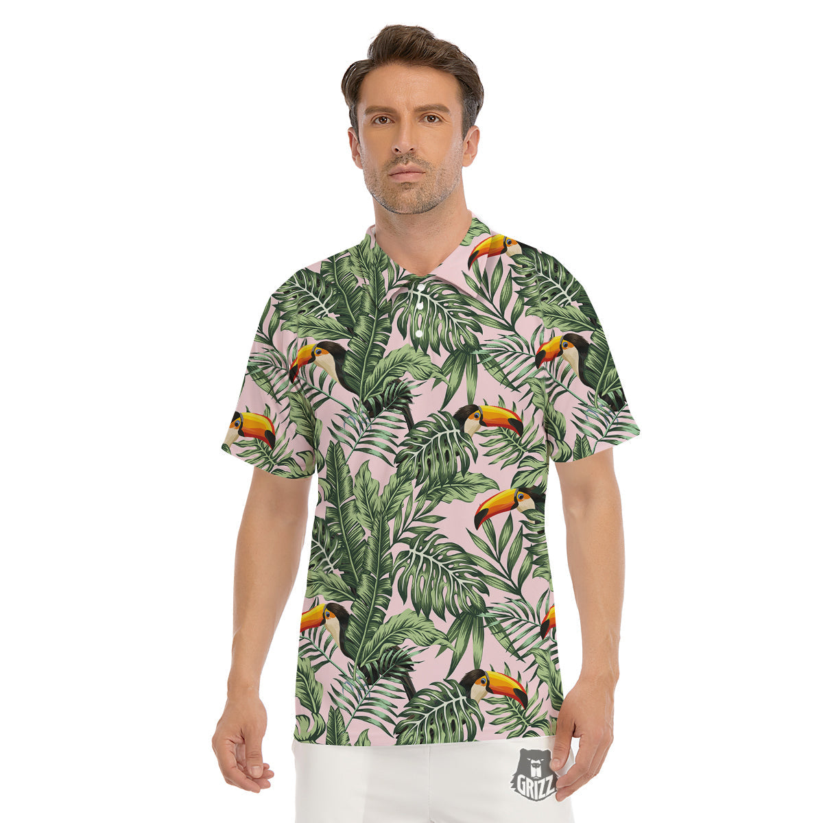 Toucan And Tropical Palm Leaf Print Men's Golf Shirts-grizzshop
