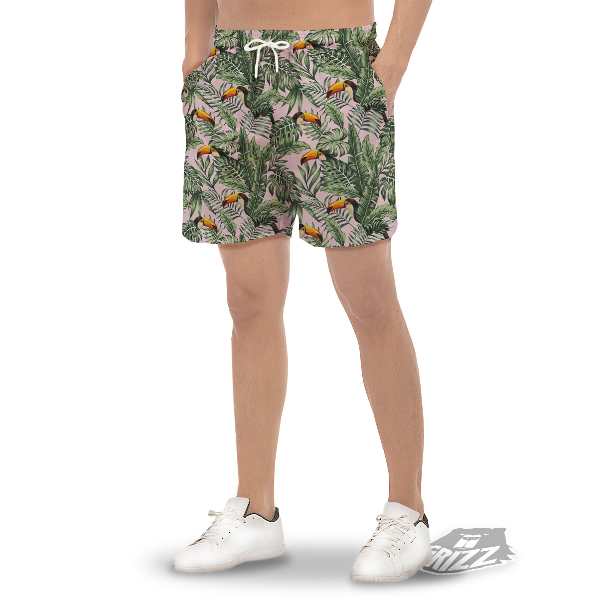 Toucan And Tropical Palm Leaf Print Men's Gym Shorts-grizzshop