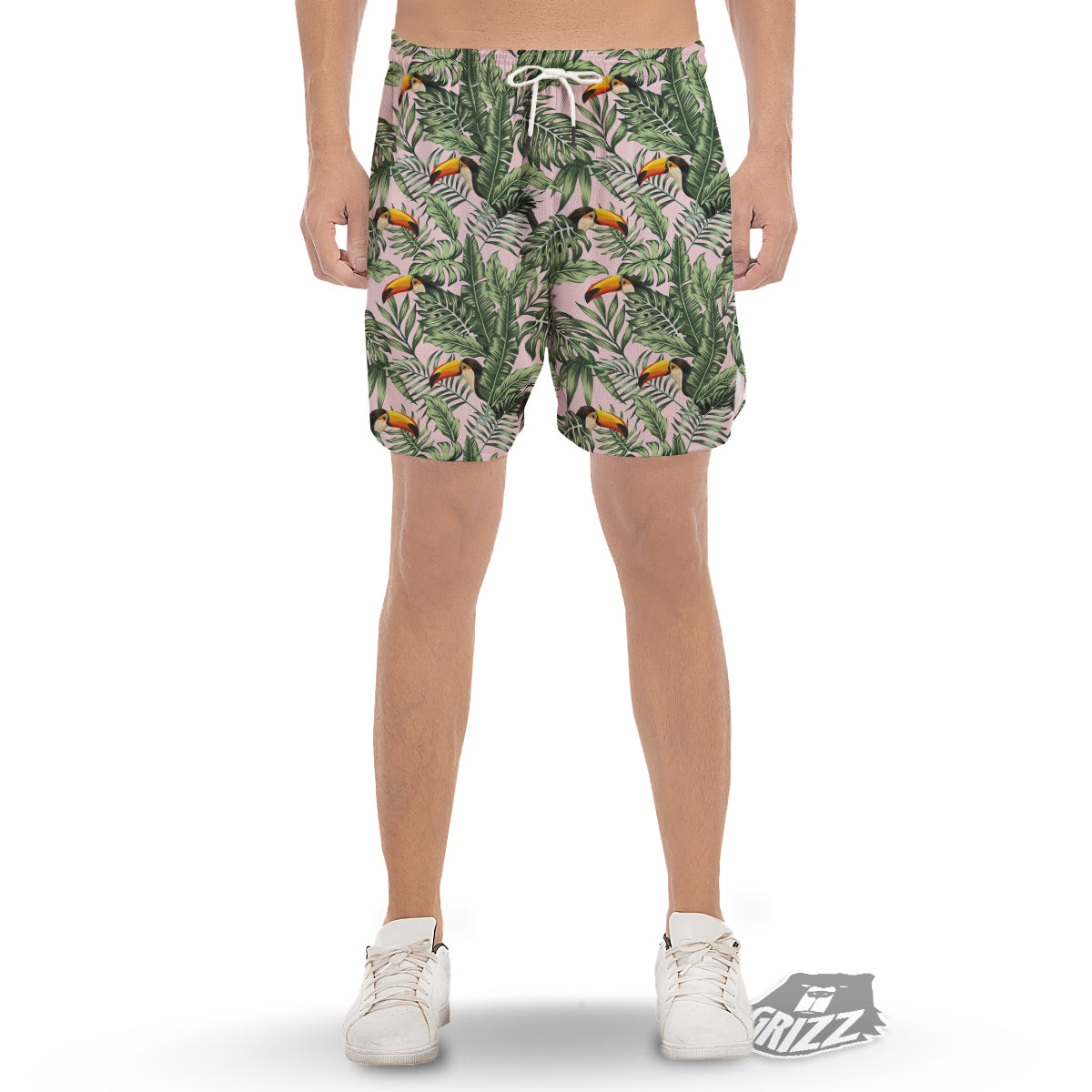 Toucan And Tropical Palm Leaf Print Men's Gym Shorts-grizzshop