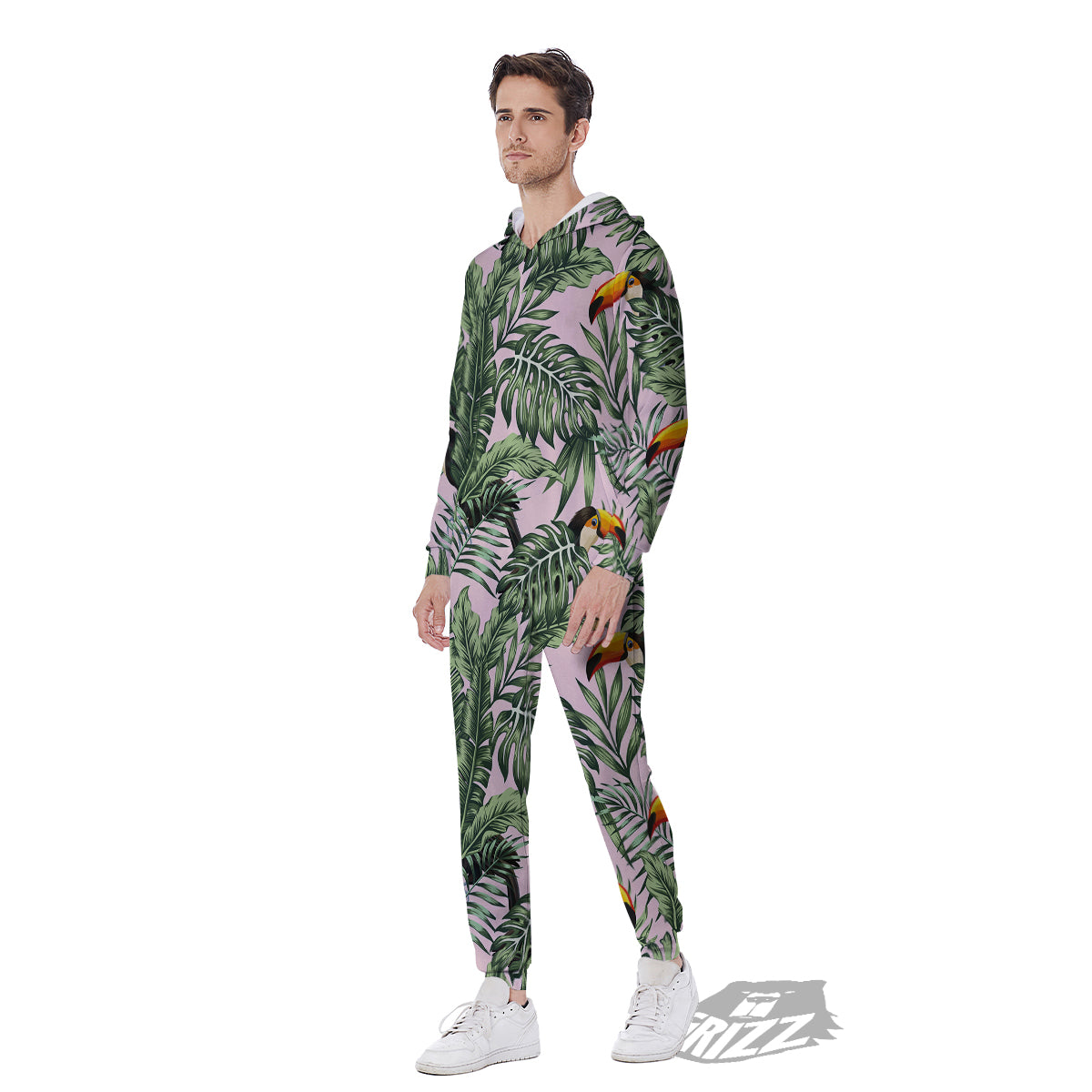 Toucan And Tropical Palm Leaf Print Men's Jumpsuit-grizzshop