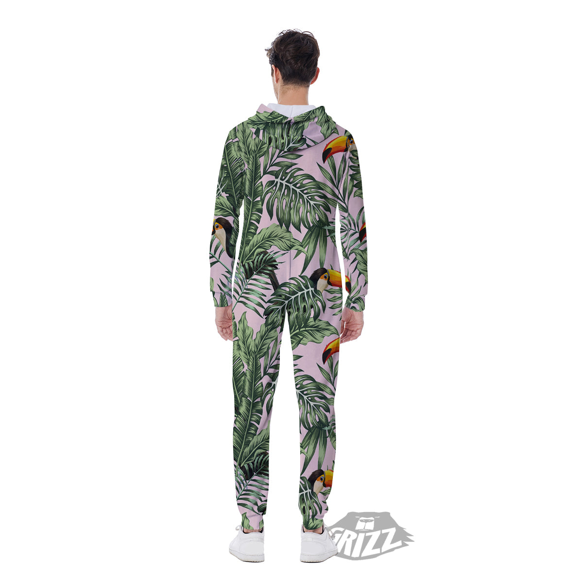 Toucan And Tropical Palm Leaf Print Men's Jumpsuit-grizzshop