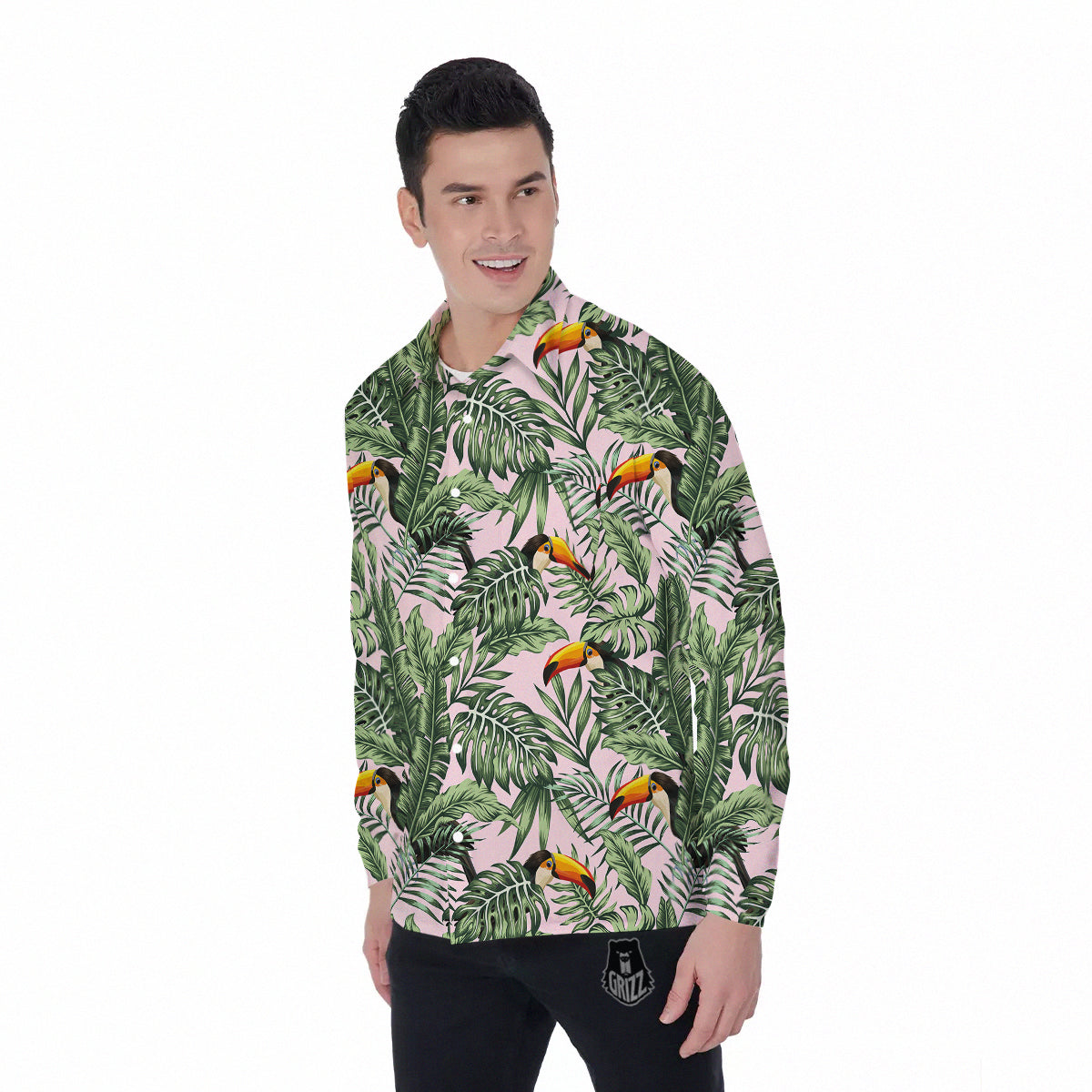Toucan And Tropical Palm Leaf Print Men's Long Sleeve Shirts-grizzshop