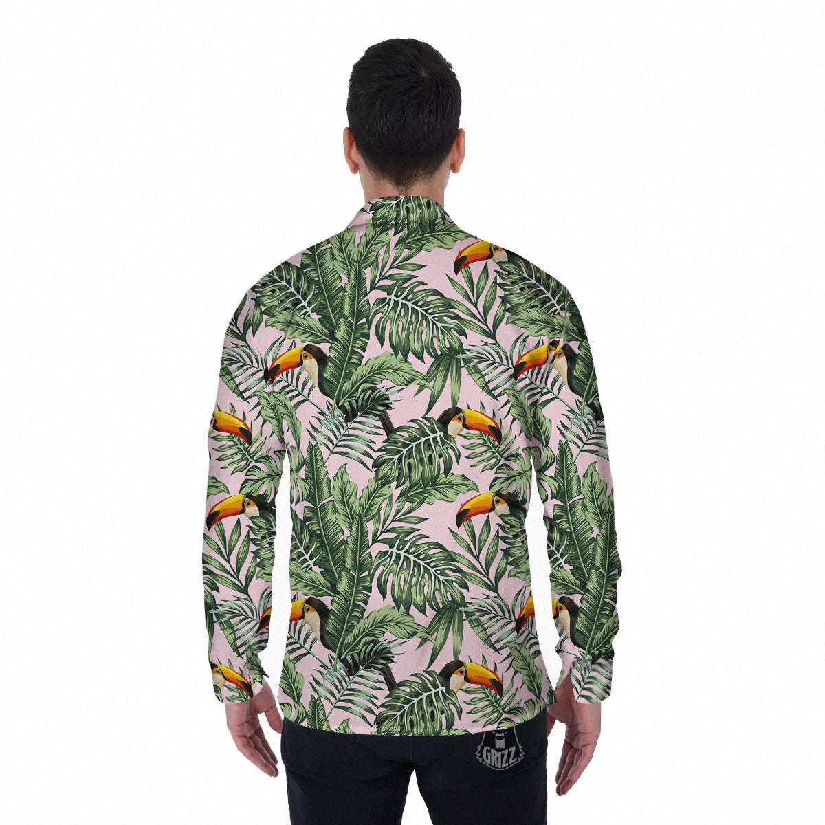 Toucan And Tropical Palm Leaf Print Men's Long Sleeve Shirts-grizzshop