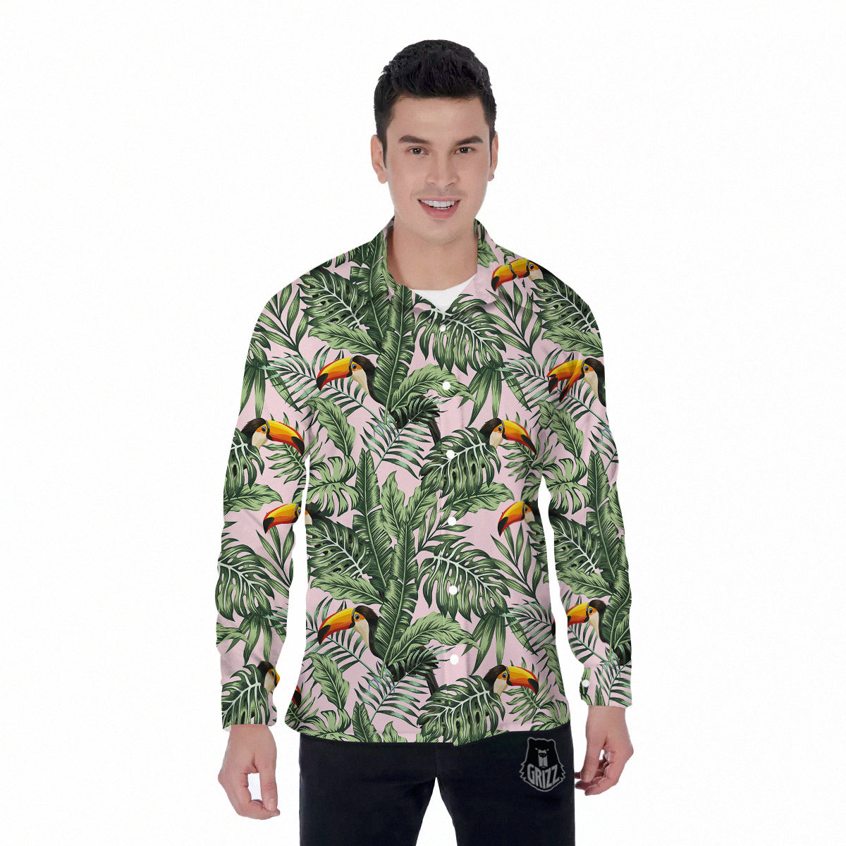 Toucan And Tropical Palm Leaf Print Men's Long Sleeve Shirts-grizzshop