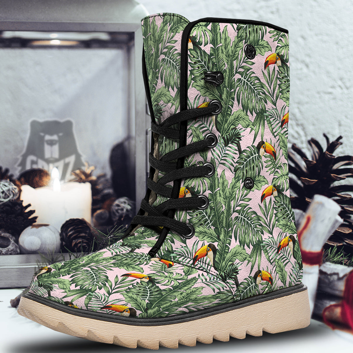 Toucan And Tropical Palm Leaf Print Snow Boots-grizzshop