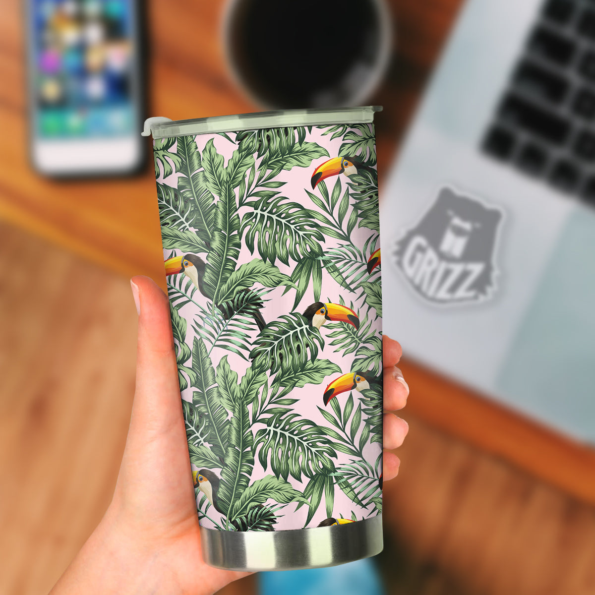 Toucan And Tropical Palm Leaf Print Tumbler-grizzshop