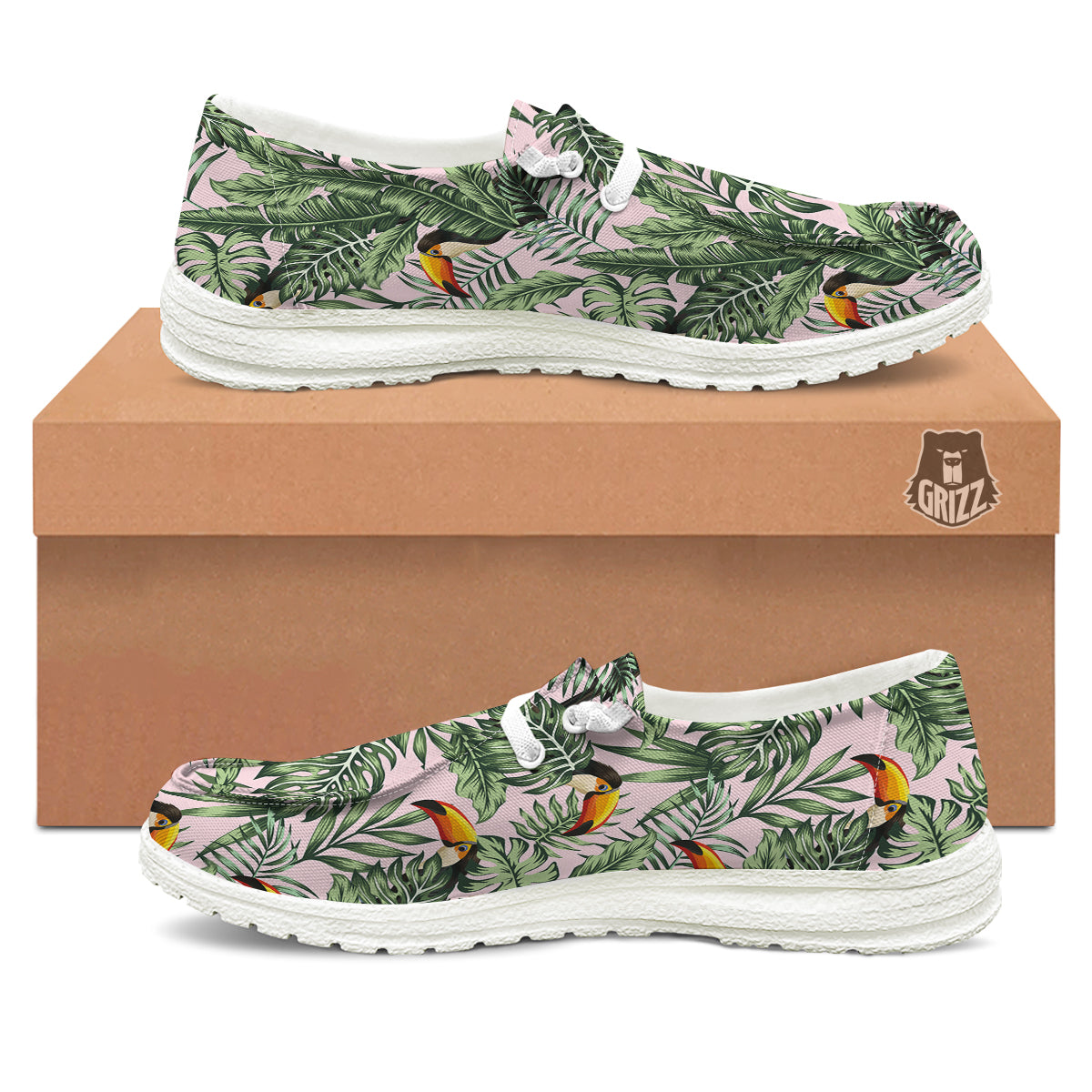 Toucan And Tropical Palm Leaf Print White Loafers-grizzshop