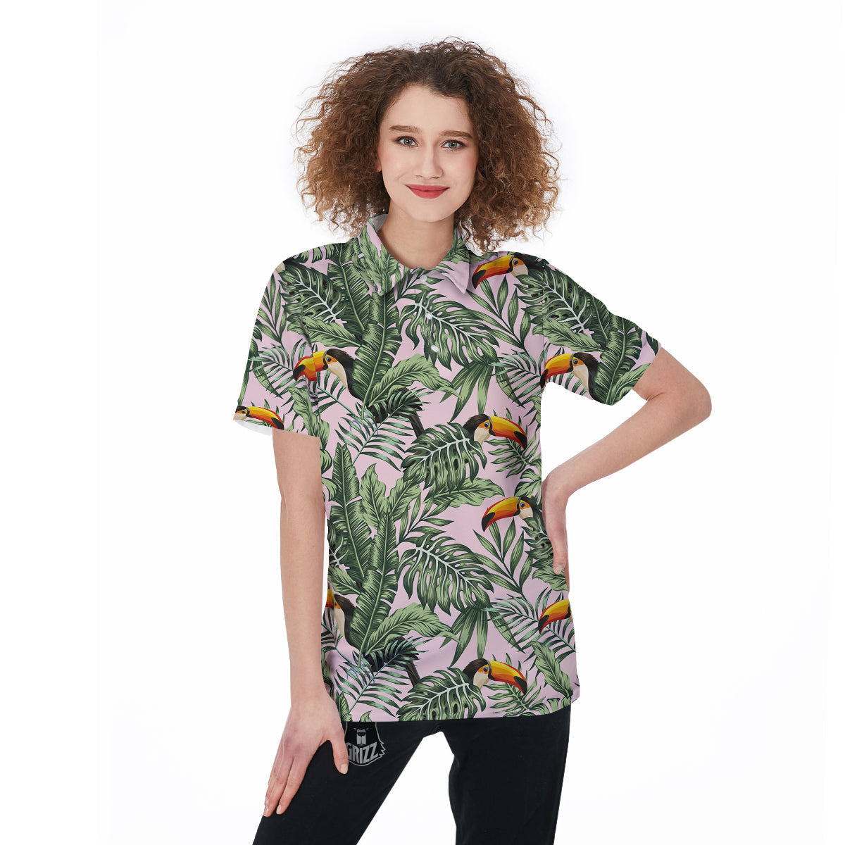 Toucan And Tropical Palm Leaf Print Women's Golf Shirts-grizzshop