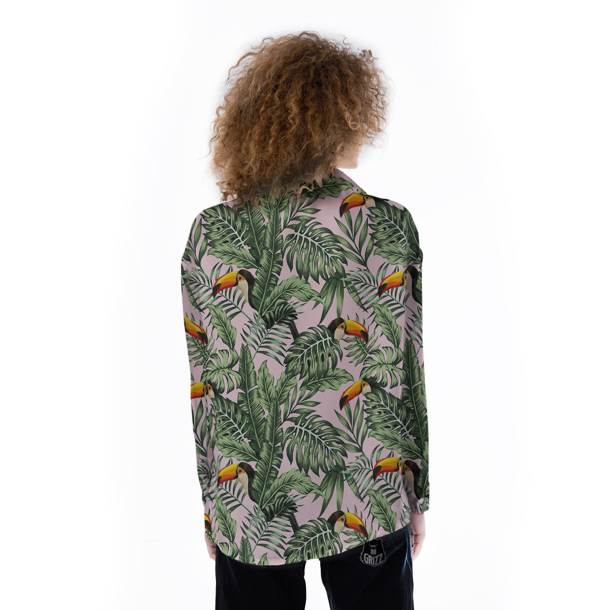 Toucan And Tropical Palm Leaf Print Women's Long Sleeve Shirts-grizzshop